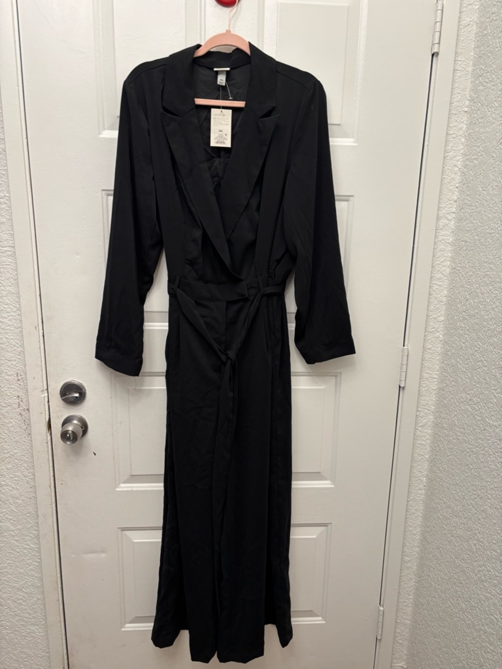 a new day Black Long Satin Jumpsuit with Shawl Collar